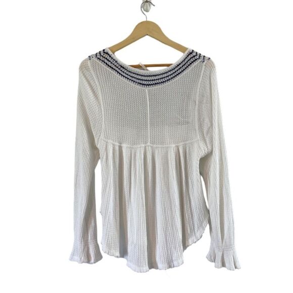 Free People Soul Mate Knit Hi-Lo Thermal Long Sleeve Top, Blue/White, Size Small - Picture 7 of 10